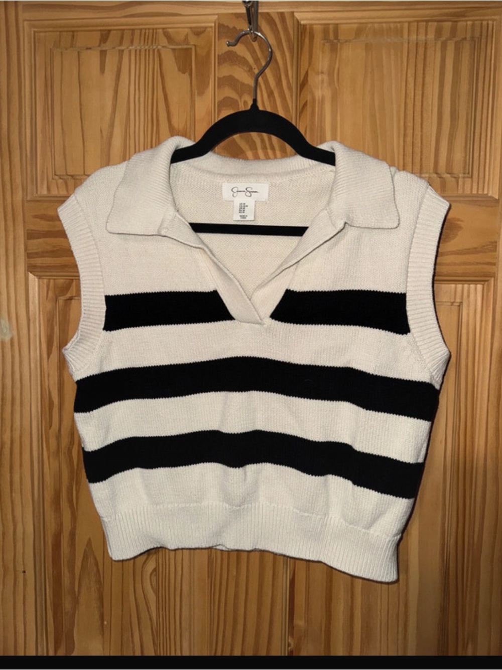 Striped Knit Collared Sweater Vest in Cream and Black